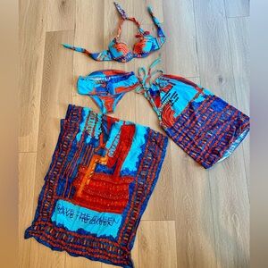 Save The Queen 4-piece Swimsuit set with both top and pareo coverup 💙🧡🩵